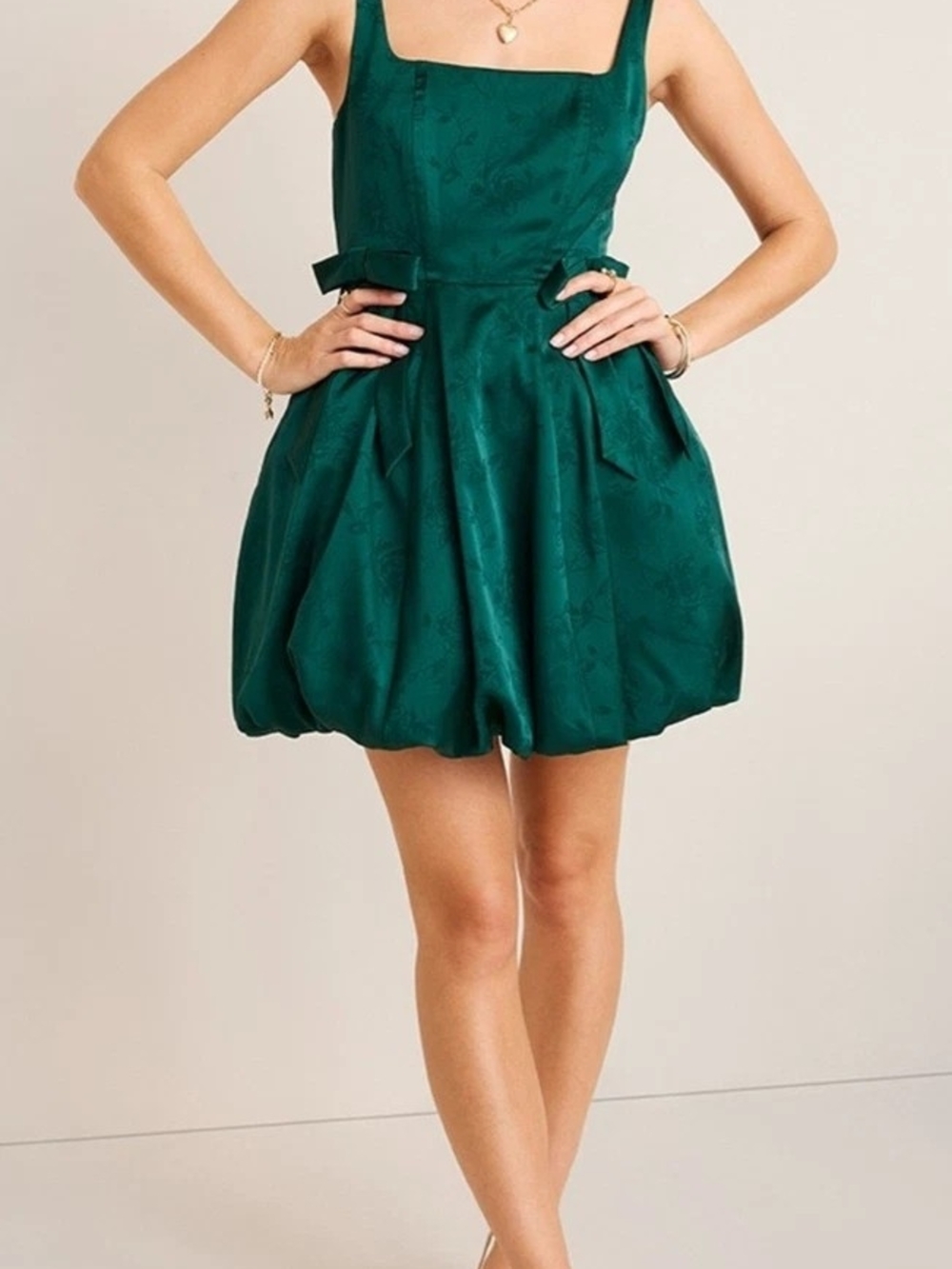 Francesca's Collections Emerald Square-Neck Bubble Hem Mini Dress